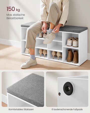 Лавка для взуття VASAGLE, полиця для взуття із сидінням, лавка для зберігання речей, добре оббита, лавка для передпокою з 10 відділеннями, регульовані полиці, для спальні, 30 x 104 x 48 см, біло-сірий LHS10WT білий сірий