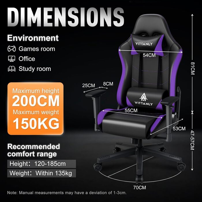 Ігрове крісло Vittanly, ергономічне ігрове крісло з підголівником та поперековою опорою, регульоване по висоті поворотне ігрове/офісне крісло з регульованою спинкою 90-165, вантажопідйомність 150 кг, фіолетове