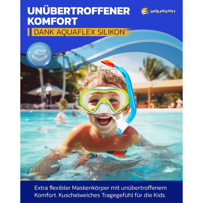 Дитячий комплект для підводного плавання AQUAZON Starfish - Маска для дайвінгу з надзвичайно зручною текстильною пов&39язкою на голову - 7-12 років - включаючи трубку, супер прозоре загартоване скло, синє