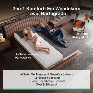 Матрац Novilla DualComfort 90x200 см, 9-зонний матрац з холодної піни з гелем та зеленим чаєм, висота 25 см, двосторонній матрац H3 та H4, сертифікований Oeko-Tex, повітропроникний та пральний чохол, висота 25 см, 90 x 200 см