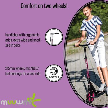 Самокат, 215 мм, ABEC 7, для дітей та дорослих, протестований GS, регульований по висоті, рожевий