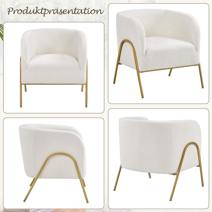 М&39яке крісло Yaheetech Lounge Chair зі спинкою у формі бочки, клубне крісло з V-подібними металевими ніжками, стильне крісло з тканини букле, крісло для телевізора 1