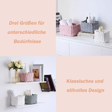 Бавовняний кошик для зберігання, набір з 3 шт. - Плетений кошик-органайзер для шафи, ванної кімнати, кухні - Зберігання для дрібних побутових речей (світло-рожевий)