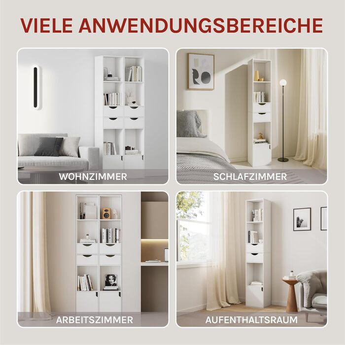 Книжкова полиця WOLTU, книжкова шафа, окремостояча полиця з шухлядами, полиця з дверцятами, офісна полиця, полиця для зберігання речей у вітальні/спальні, біла, 30 x 158 x 24 см, SK028ws