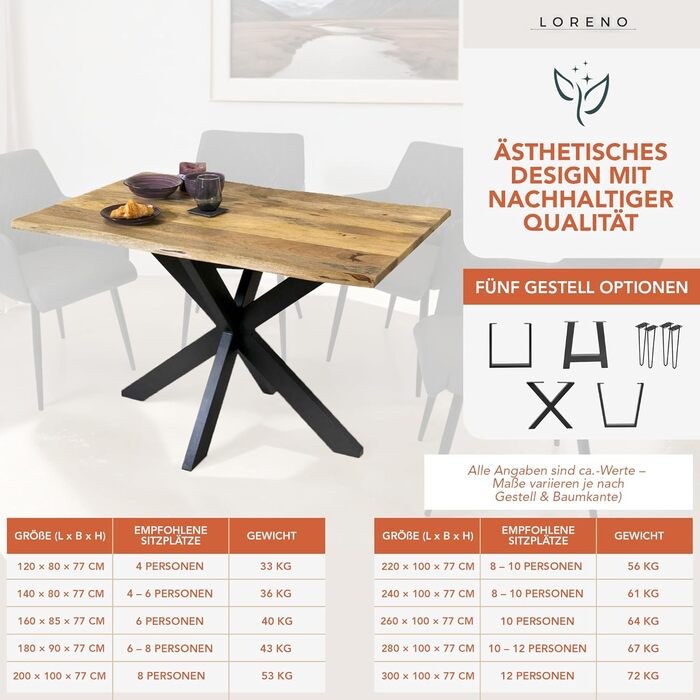 Обідній стіл Loreno ручної роботи з мангового дерева, 120x80 см - 300x100 см, стіл з масиву дерева з рельєфним краєм, основа, стійкий та стійкий - Дерев&39яний обідній стіл, Кухонний стіл, Обідній стіл з масиву дерева