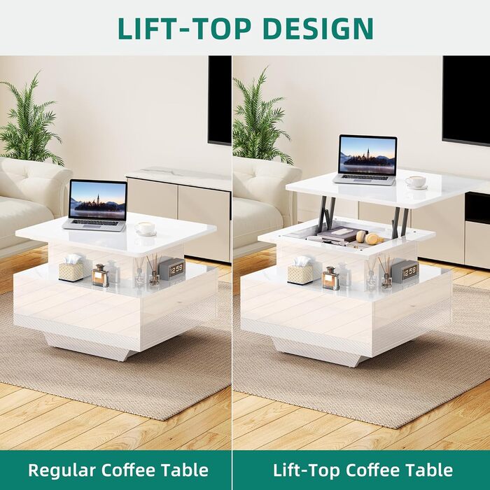 Журнальний столик з регульованою висотою та світлодіодним освітленням, сучасний, 60x60x45 см, глянцевий стіл для вітальні з відкритою полицею та 2 шухлядами, білий