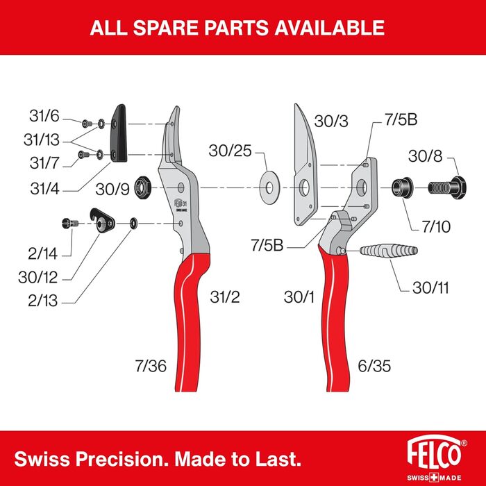 Садові ножиці FELCO 31 (ножиці для дерев, діаметр різання 25 мм, довжина 210 мм, садові ножиці для великих рук, з ковадлом, для правшів та лівшів) одинарні