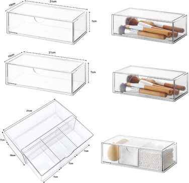 Міні-органайзер для ванної кімнати з шухлядами, комплект з 3 шт. , виготовлений з акрилу, штабелюється, прозорий, для комода, туалетного столика, дзеркальної шафки, всередині, 3 комплекти, 21Г x 21Ш x 10В см