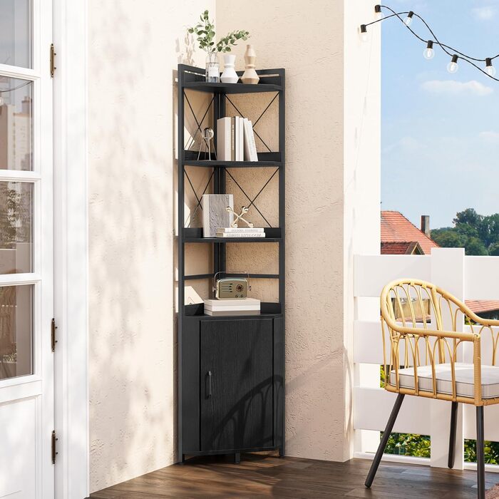 Кутова полиця YITAHOME з 4 полицями, промислова книжкова шафа з шафою, окремостояча дерев&39яна книжкова шафа, полиці для зберігання речей для вітальні, домашнього офісу, коридору, чорна стояча полиця