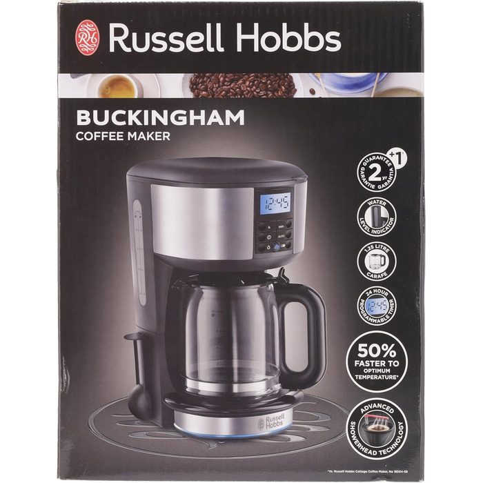 Кавоварка Russell Hobbs цифровий таймер, душова лійка для оптимальної екстракції та аромату Букінгем (макс. 10 чашок, скляний глечик 1,25 л, нагрівальна плита, 1000 Вт) Кавоварка з фільтром 20680-56