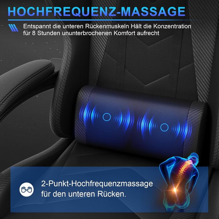 Ігрове крісло JUMMICO з масажем, ергономічне офісне крісло з масажною поперековою подушкою, ігрове крісло з регульованою спинкою 90-135 та підставкою для ніг, ігрове крісло з вантажопідйомністю 150 кг, чорне, маленьке