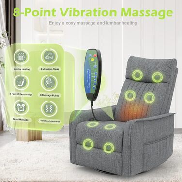 Крісло для телевізора/масажне крісло з функцією відкидання, крісло для релаксації з підігрівом та масажем, крісло для телевізора з поворотом на 360 для вітальні, крісло-гойдалка з м&39яким підголівником, 2 бічні кишені, сірий