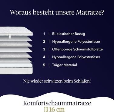 Матрац 90x200 см, висота 16 см, рівень жорсткості H2-3, двосторонній матрац 4-в-1 з в&39язкопружною піною та ефектом пам&39яті, 100-денний пробний період, чохол з літнім та зимовим боками, Oeko-Tex Standard 100, в&39язкопружний матрац 90 x 200 см