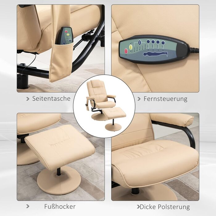 Крісло-реклайнер HOMCOM з підніжкою, поворотне на 360 крісло для телевізора з масажем, функція відкидання, масажне крісло з бічною кишенею, крісло для телевізора зі штучної шкіри для вітальні, кремовий/кремово-білий