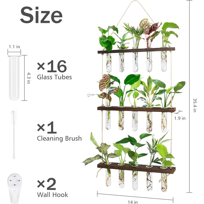 Підвісна станція розмноження настінна ваза пробірка пробірка ваза станція розмноження для гідропонних рослин старовинна декоративна ваза з дерев'яною полицею для домашнього офісу вітальня кухня, 15 пробірок, 3 рівні