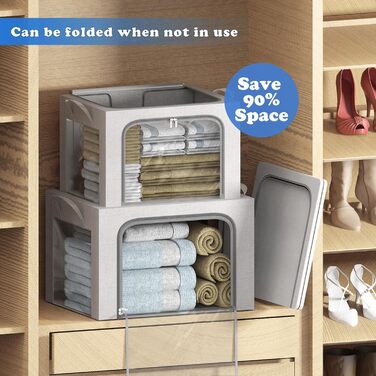 Коробка для зберігання одягу з 2 предметів, складна коробка для зберігання одягу з металевим каркасом та 3 віконцями, сумка для зберігання ковдр, пледів та одягу, сіра (24 л) 2 предмети - сірий - 24 л