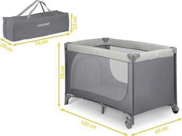 Дитяче ліжечко Ricokids, портативне, манеж, 125x65x78 см, вантажопідйомність 15 кг, складне, два колеса з гальмами, знімний бічний вхід, матрац, сумка, світло-сіре ліжечко, колір Hellgrau