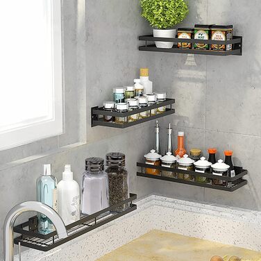 Настінна полиця для спецій, не потребує свердління, комплект з 2 шт. з кухонною штангою, підвісна кухонна полиця, полиця для спецій на дверцята шаф, полиця для душу з нержавіючої сталі для кухні, ванної кімнати, балкону, 35 x 12 x 5,7 см, чорна