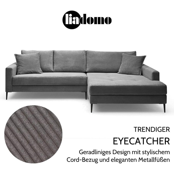 Диван Hilary Graphite, сучасний кутовий диван, вельветова оббивка сірого кольору, шезлонг для правого боку, зручний диван, легко чиститься та має стабільні розміри, металеві ніжки, L-подібний диван, зроблено в Європі, шезлонг для правого боку, графіт