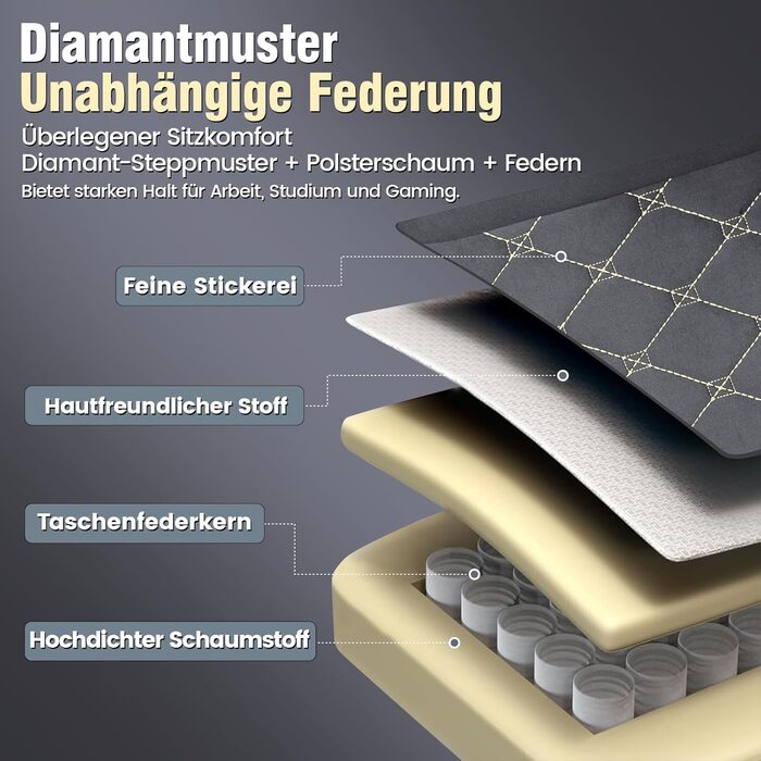 Ігрове крісло GTPLAYER, тканина, ергономічне офісне крісло, крісло для ПК, вантажопідйомність 150 кг, регульоване та поворотне робоче крісло з пружинною подушкою сидіння та підставкою для ніг, сірий