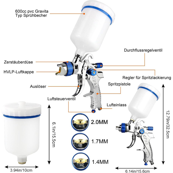 Фарборозпилювач HVLP Фарборозпилювач з 3-ма соплами 1,4 мм 1,7 мм 2,0 мм і пластиковим стаканчиком 600 CC, професійна система розпилення фарби Фарборозпилювач для парканів Стелі Фарбування стін Повітряний фарборозпилювач Гравітаційний фарборозпилювач