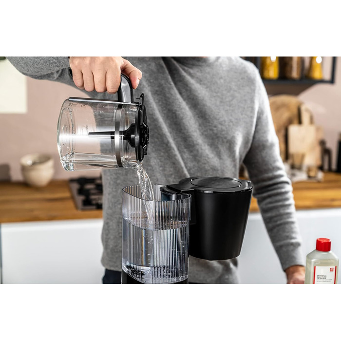 Кавоварка з фільтром ZWILLING ENFINIGY зі скляним глечиком 1,5 л, кавоварка з бойлером з нержавіючої сталі, функцією Blooming & Smart Descaler, пластик, чорний скляний глечик 1,5 л