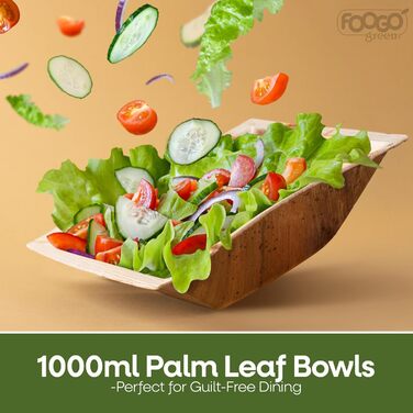 Зелені миски FOOGO з пальмового листя 1000 мл, Ø 20 см, 50 шт. Міцні одноразові миски з пальмового листя Компостований та біорозкладний посуд Одноразовий посуд для вечірок та пікніків 50 1000 мл Великі (20 см)