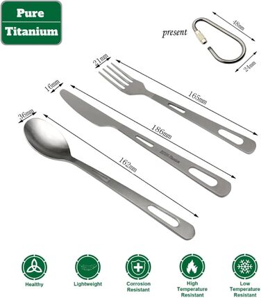 Набір столових приборів RISON-Titanium Titanium для кемпінгу, комбіновані столові прибори з 4 титанових виделок-ложок-ніжів для подорожей з карабіном та сумкою для зберігання, посуд для приготування їжі на свіжому повітрі, рюкзак для походів, щоденний пос
