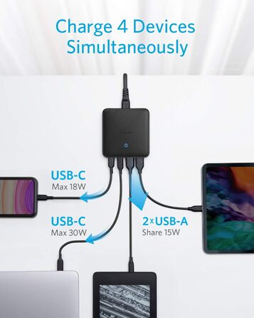 Зарядний пристрій Anker USB-C, 543 (65 Вт II) PIQ 3.0 & GaN 4-портовий блок живлення, тонкий дизайн, два порти USB-C (45 Вт макс.)