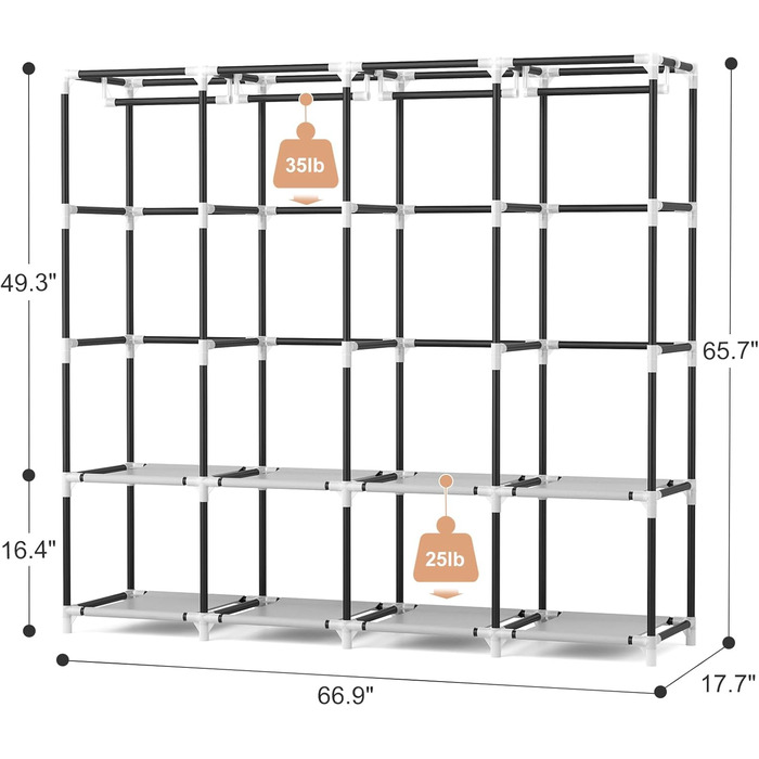 Портативна шафа для одягу VTRIN, ширина 170 см, велика місткість, портативна шафа з кришкою, 4 полиці та 4 вішалки для одягу, міцна, окремостояча шафа для білого/розкішного саду