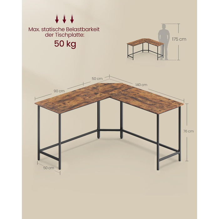 Кутовий стіл VASAGLE, L-подібний комп'ютерний стіл, 140 x 140 x 74,7 см, вінтажний коричневий чорнильний чорний, без полиць