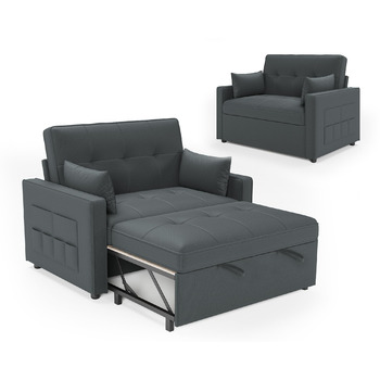 Диван-ліжко 186 x 122 см з 5-позиційним регулюванням спинки, диван-ліжко 3-в-1 з подушками та бічною кишенею, сірий лляний диван для гостьових кімнат та невеликих приміщень