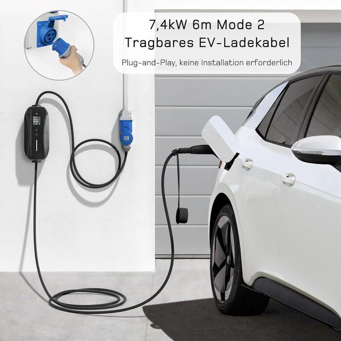 Зарядний кабель тип 2 CEE штекер 7.4кВт 1-фазний6м6-32А з регульованою потужністю зарядки, зарядний пристрій для електромобілів та