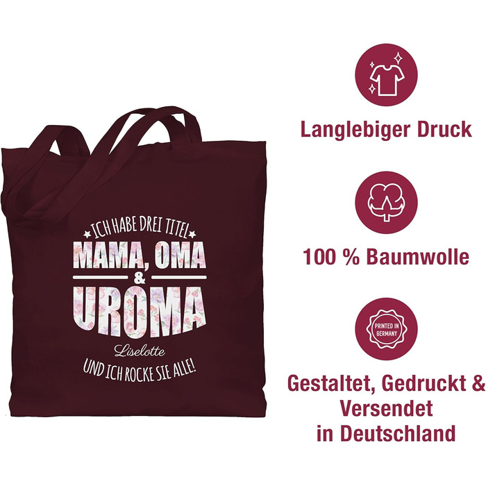 Подарунок з іменем, персоналізований Shirtracer - Бавовняна сумка - Бабуся - У мене три титули Мама, бабуся і прабабуся - Подарунки для прабабусі День матері Подарунок для прабабусі 1 Бордо червоний