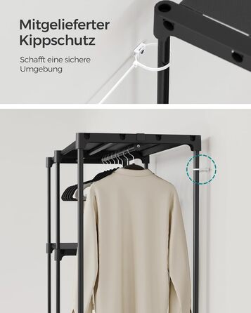 Відкрита шафа, вішалка для одягу, штанга для одягу, шафа, 2 підвісні полиці, багато місця, для спальні, вітальні, 124 x 43 x 182 см, чорний RYG026B02 Чорний 124Д x 182В см