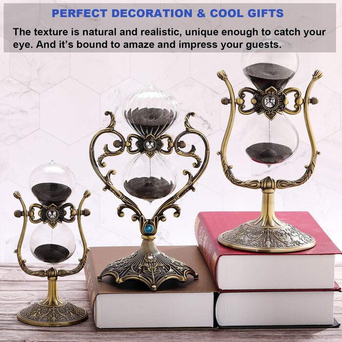 Пісочний годинник для Uten, Поворотний на 720, Старовинний білий пісочний годинник, Вінтажний пісочний годинник 1 Hora Reloj de Arena, Великий метал, Пісочний годинник, Офіс, Письмовий стіл, Дім, Весільне оформлення (чорний, 60 хв)