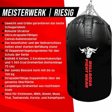Боксерська груша Jumbo Giant XXL Bull Doza Fight Wear Heavy Duty із самонаповнювальним механізмом, підвісними ланцюгами, поворотним механізмом, карабіном, для ММА, кікбоксингу, муай-тай, бойових мистецтв XXL JUMBO 4FT