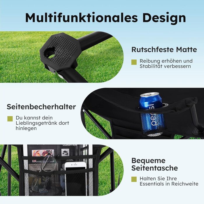 Комплект із 2 предметів Складаний стілець Кемпінговий стілець Зручний рибальський стілець з тримачем для напоїв та відділенням для охолодження, вантажопідйомність до 120 кг, Складаний рибальський стілець Садовий стілець Крісло-відкидне крісло Чорний