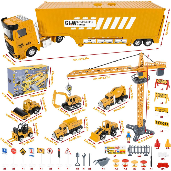 6 Mini Construction Vehicles, Crane Toy for Children (Yellow), 6 Mini Construction Vehicles, Crane Toy for Children (Yellow)