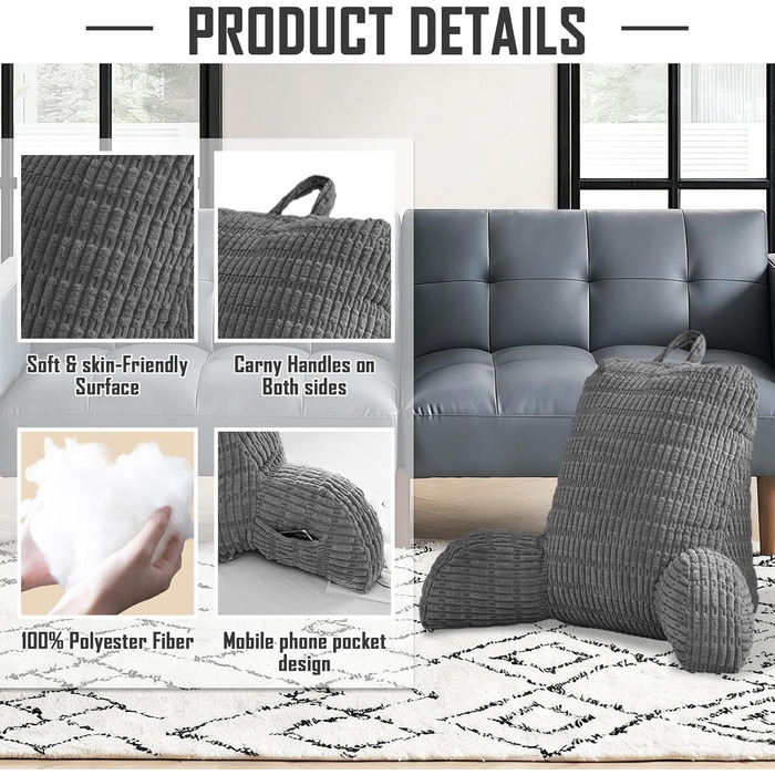 Подушка для читання для ліжка та дивана, диван для дорослих з подушкою для спинки, подушка сидіння з підлокітником, спинка підходить для перегляду телевізора, читання, гри в ігри на мобільному телефоні та гри в ліжку (сіра)