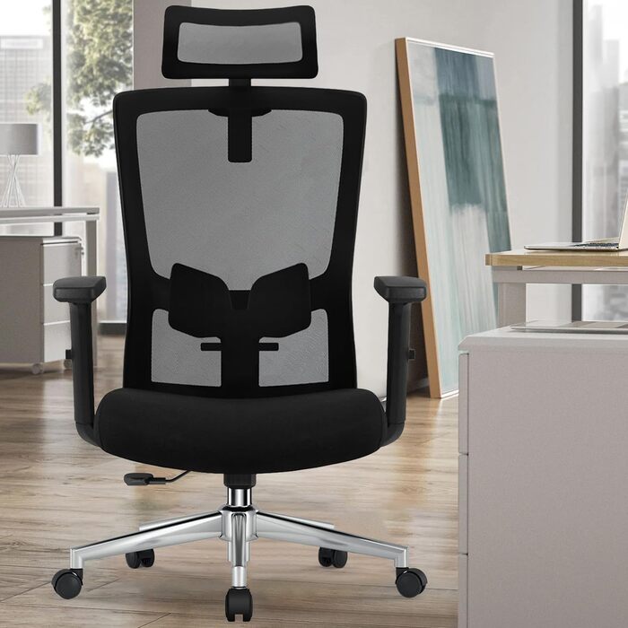 Ергономічне офісне крісло, ергономічне офісне крісло з регульованою поперековою опорою, підлокітниками та підголівником, обертове офісне крісло 150 кг, крісло для керівника з функцією гойдання до 135, чорне, варіант 1