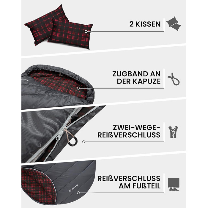 Подвійний спальний мішок KingCamp, бавовняний фланелевий зимовий спальний мішок для 2 осіб, тепла ковдра-спальний мішок, 3-4 сезони з 2 фланелевими подушками для дітей та дорослих, кемпінг, подорожі та активний відпочинок, довгий - сірий