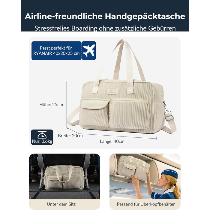 Вельветова дорожня сумка Micmores, жіноча спортивна сумка 20 л, сумка для підгузків на вихідні, ручна поклажа Ryanair 40x20x25, сумка для спортзалу, сумка для пологів з мокрим ПВХ-мішком для фітнесу (чорна)