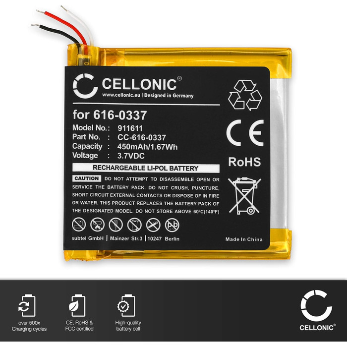 Батарейка для MP3-плеєра, сумісна з Apple iPod Nano 3-го покоління - A1236, 2 - A1199 (3.7V, 450mAh) Набір інструментів