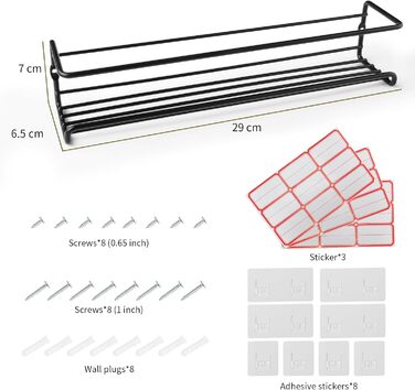 Металева підставка для спецій GEEDIAR - Підвісна кухонна полиця з 4 предметів, самоклеюча підставка для спецій (не потребує свердління) для стін, кухонних шаф, дверцят кухонних шаф, декоративних предметів, стільниць, 29 x 6,35 x 6 см, чорна