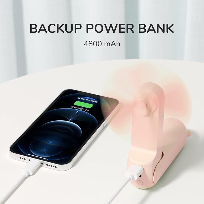 Портативний вентилятор JISULIFE, міні-вентилятор 3 В 1, з батареєю USB Power Bank ємністю 4500 мАг, невеликий вентилятор, працює від акумулятора, макс. 46 годин роботи, портативний вентилятор, функція ліхтарика рожевий