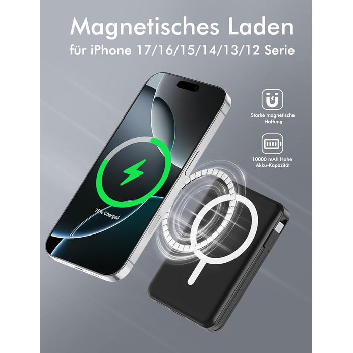 Бездротовий зовнішній зарядний пристрій Podoru для Magsafe, магнітний ємністю 10000 мАг з кабелем USB-C, швидка зарядка PD 20 Вт зі світлодіодним дисплеєм, бездротовий акумулятор для iPhone 17/16/15/14/13/12 усіх серій (чорний)