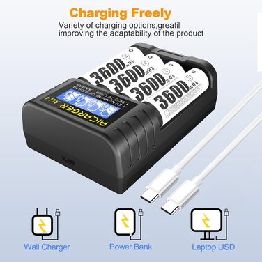 Зарядний пристрій для акумуляторів типу AA AAA, 4 слоти, швидка зарядка 5V/2A з РК-дисплеєм для літій-іонних акумуляторів типу AA AAA 1,5 V (штекер USB-C), в комплекті 4 акумуляторні батареї типу AA ємністю 3600 мВтгод із зарядним пристроєм AICARGER, 4 шт