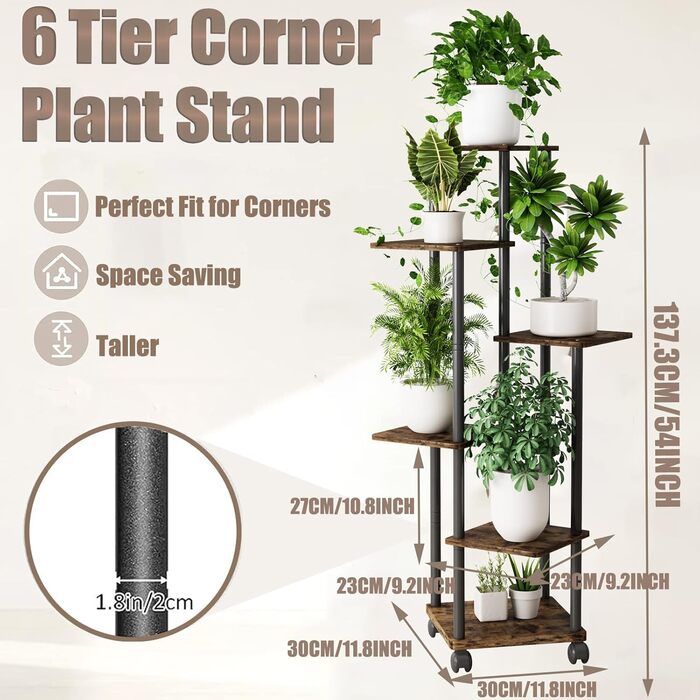 Ярусна підставка для рослин, вулична підставка для квітів, багатоярусна підставка для квітів 137 см, підставка для рослин, лавка для квітів, квіткові сходи, підставка для рослин, полиця для прикраси балкону, саду, 6 ярусів, чорний колір, 6-
