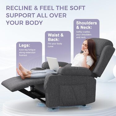 Крісло для телевізора з розкладним підйомником, масажне крісло з електрорегулюванням та функцією підігріву, функція відкидання, 2 підстаканники, 4 бічні кишені, порти типу C та USB, крісло для телевізора з підставкою для ніг, вітальня, темно-сірий